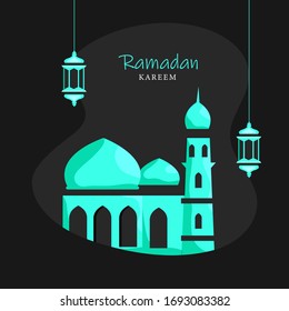 Mes sagrado islámico de Ramadán Kareem con mezquita y linternas colgadas en fondo gris.