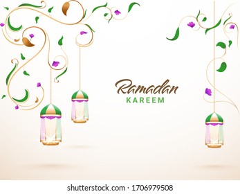 Islamic holy month of Ramadan Kareem concept with hanging lanterns and colorful floral. 