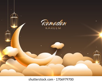 Islamic holy month of Ramadan Kareem concept with golden crescent moon, clouds and hanging illuminated lanterns on brown background.