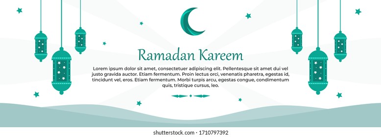 Islamic Holy Month, Ramadan Kareem landscape banner decorated with antique lantern and beautiful Moon design.