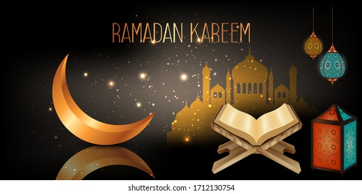  Islamic Holy Month of Ramadan Kareem design with the golden moon, Arabic lanterns, and the holy book of Quran Shareef for a Muslim community festival. Ramadan Kareem celebration. Vector illustration
