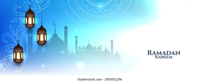 Islamic holy month Ramadan Kareem festival celebration blue banner vector