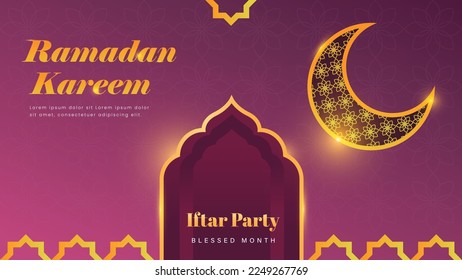 Islamic holy month ramadan kareem banner with moon and mosque vector artwork