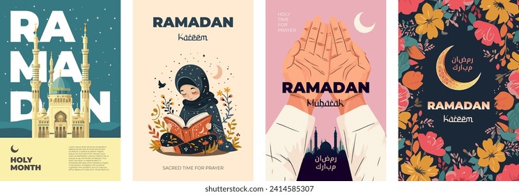 Islamic holy month Ramadan Kareem posters. Islam mosque with crescent. Moslem girl reads Quran. Man palms folded in Muslim prayer. Festive floral ornament. Arabic text translation Ramadan Mubarak. Eps