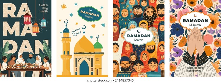 Islamic holy month Ramadan Kareem poster. Crescent moon on mosque. Muslim prayer hands on floral pattern. Moslem festive family. Islam holiday modern art print. Arabic text translation Ramadan Mubarak