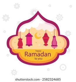 Islamic holy month Ramadan Kareem poster. Mosque with crescent moon. Muslim girl prayer. Moslem festive lantern ornament. Islam holiday modern art print set. Arabic text translation Ramadan Mubarak