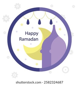 Islamic holy month Ramadan Kareem poster. Mosque with crescent moon. Muslim girl prayer. Moslem festive lantern ornament. Islam holiday modern art print set. Arabic text translation Ramadan Mubarak