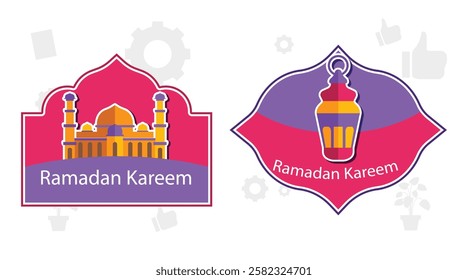 Islamic holy month Ramadan Kareem poster. Mosque with crescent moon. Muslim girl prayer. Moslem festive lantern ornament. Islam holiday modern art print set. Arabic text translation Ramadan Mubarak