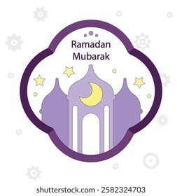 Islamic holy month Ramadan Kareem poster. Mosque with crescent moon. Muslim girl prayer. Moslem festive lantern ornament. Islam holiday modern art print set. Arabic text translation Ramadan Mubarak