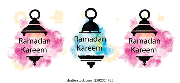 Islamic holy month Ramadan Kareem poster. Mosque with crescent moon. Muslim girl prayer. Moslem festive lantern ornament. Islam holiday modern art print set. Arabic text translation Ramadan Mubarak