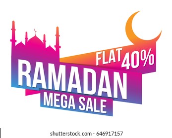 Islamic Holy Month, Ramadan Mega Sale paper banner or tag design with mosque and crescent moon.