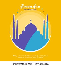 Islamic Holy Month of Ramadan Mubarak with Crescent Moon, and Colorful Mosque on Yellow Background.
