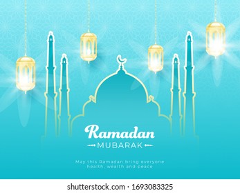 Islamic Holy Month of Ramadan Mubarak with Illuminated Lanterns and Line-art Mosque on Skyblue Background.