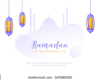 Islamischer Heiliger Monat Ramadan Mubarak mit farbenfrohen Lanterns auf dem Hintergrund der Moschee Silhouette.