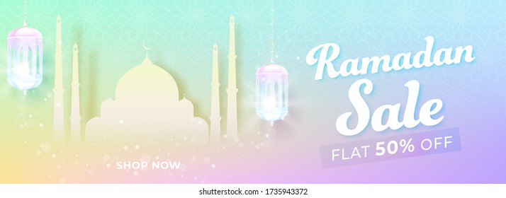 Islamic Holy Month of Ramadan Sale Banner with Paper Mosque on Colorful Background.