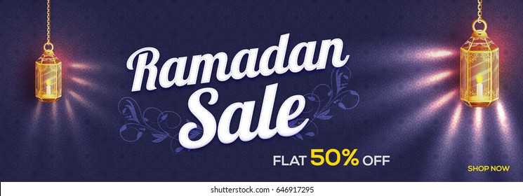 Islamic Holy Month, Ramadan Sale banner decorated with glowing hanging lamps and beautiful floral design.