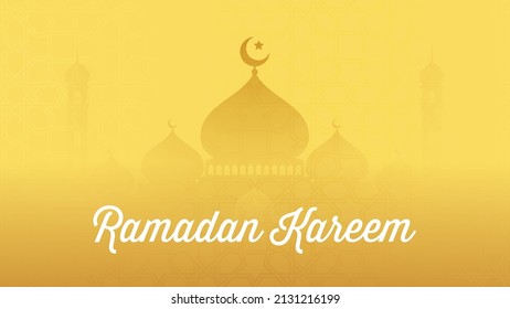 Islamic holy month of Ramdan Mubarak concept with mosque illustration on gold background.