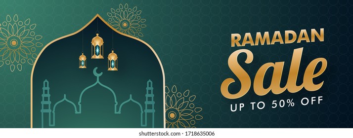 Islamic holy month of Ramdan Sale Banner with Mosque, and Hanging Golden Lanterns Illustration on Teal Green Background.