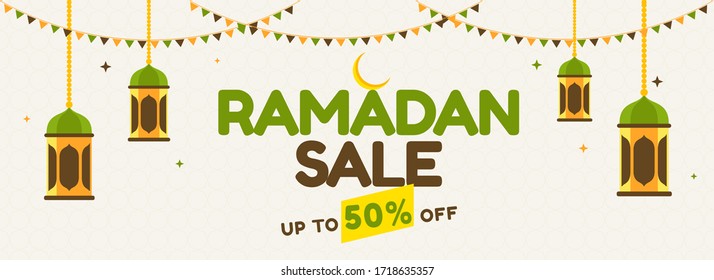 Islamic holy month of Ramdan Sale Banner with Hanging Colorful Lanterns, Crescent Golden Moon and Colorful Bunting Flags.