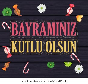 Islamic Holy Month Theme Vector Design, Greeting Card Background - "Bayraminiz Kutlu Olsun" Turkish, "Happy Ramadan Day" at English