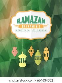Islamic Holy Month Theme Vector Design, Greeting Card Polygonal Background - "Bayraminiz Kutlu Olsun" Turkish, "Happy Ramadan Day" at English