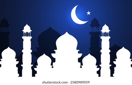 Islamic holy night architecture under the moon, vector art illustration.