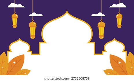 Fundo horizontal islâmico com lanternas penduradas e cúpula da mesquita como espaço de cópia para o texto no fundo roxo escuro.