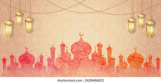 Islamic Horizontal Banner with Silhouette Mosque and Gold Lantern Ornament