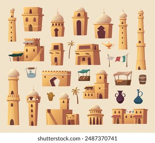 Islamic houses. Mosques columns towers arches urban traditional islamic architectural objects exact vector buildings isolated