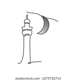 Islamic icon Black Crescent Moon and Minaret. Ramadan Kareem theme single line drawing on white background. Simple line art of Eid Mubarak greeting card, poster and banner design. Vector illustration.