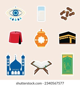 Islamic Icon collection pack. Muslim sticker set in flat design. Vector illustration. Colorful element set.