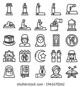 islamic icon collection set with simple lines and modern style for use as web and application sign, editable stroke pictogram, ramadan, religion, eid Mubarak