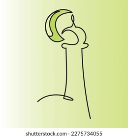 Islamic icon Half Moon and Minaret. Ramadan Kareem theme one continuous line drawing on linear background. Simple line art of Eid Mubarak greeting card, poster and banner design. Vector illustration.