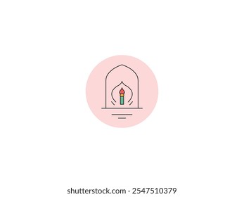 Islamic Icon and Logo Design for Ramadan, Eid, and Muslim Festivals. Hand-Drawn Monoline Mehrab with Candle, Turkish Motif Inspired. Arabic Arch Outline, Mosque Gate, Dome, Religious Symbol Template.