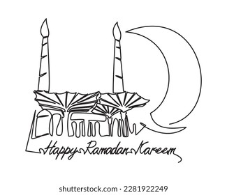 Islamic icon Medina Saudi Arabia and half moon line art. Happy Ramadan Kareem text simple line on white background. One line art of Ramadan - Eid Mubarak greeting card, poster and banner design. 