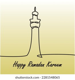 Islamic Icon - Minaret Single Line. Happy Ramadan Kareem theme on linear background. Simple line art of Ramadan Kareem - Eid Mubarak greeting card, poster and banner design. Vector illustration.