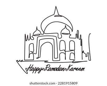 Islamic icon mosque line art - Happy Ramadan Kareem text. One line art of Ramadan - Eid Mubarak greeting card, poster and banner design. Ramadan Kareem theme single line drawing on white background.