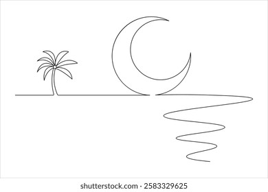 Islamic icon one line drawing of isolated continuous moon outline vector illustration