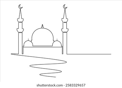 Islamic icon one line drawing of isolated continuous moon outline vector illustration