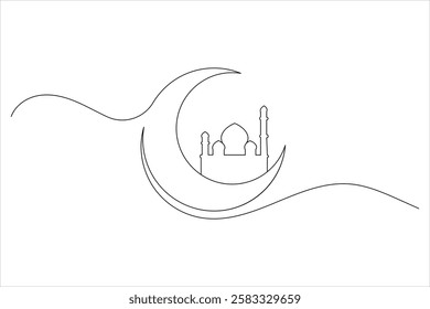 Islamic icon one line drawing of isolated continuous moon outline vector illustration
