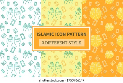 Islamic icon pattern praying hand religion carpet decoration quran with bundling version three different orange theme style flat vector design