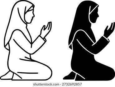 Islamic icon for Ramadan or Eid al-Fitr, vector of woman praying in outline and silhouette versions