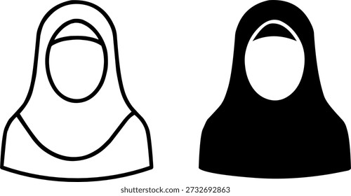 Icono islámico para Ramadán o Eid al-Fitr, Ilustración vectorial de un avatar musulmán femenino en versión de contorno y silueta