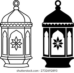 Ícone islâmico para Ramadã ou Eid al-Fitr, belo vetor lanterna em contorno e versão silhueta