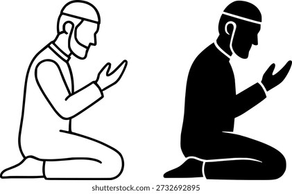Islamic icon for Ramadan or Eid al-Fitr, vector of praying man in outline and silhouette version