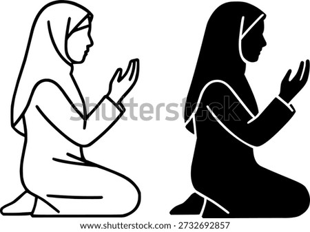 Islamic icon for Ramadan or Eid al-Fitr, vector of woman praying in outline and silhouette versions