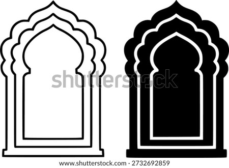Islamic icon for Ramadan or Eid al-Fitr, mihrab vector in outline and silhouette version