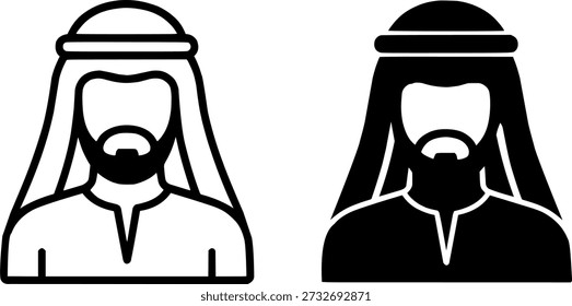 Islamische Ikone für Ramadan oder Eid Mubarak, Vektorgrafik des arabischen männlichen Avatars in Umriss- und Silhouettenversion