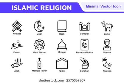 Islamic Icon Set. A beautifully crafted collection of icons reflecting Islamic culture and traditions, educational materials, apps, and websites, and Islamic community.