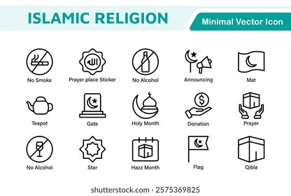 Islamic Icon Set. A beautifully crafted collection of icons reflecting Islamic culture and traditions, educational materials, apps, and websites, and Islamic community.